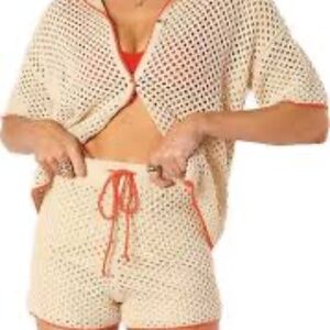 Petal & Pup Val Open Stitch Short Sleeve Button-Up Shirt & Short Set Size Large